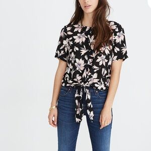 Madewell 100% Silk Button Back Tie Tee Tropical Floral Print Size Small